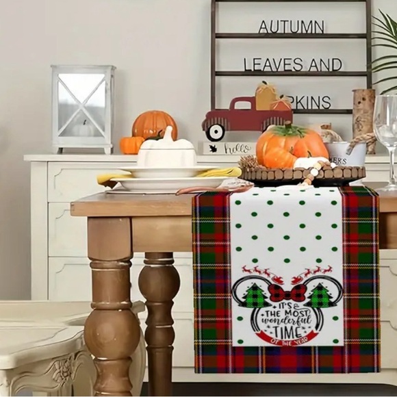 13x72 Table Runner Disney  Minnie Mouse Christmas Buffalo Plaid Fabric Mantel - Picture 3 of 6